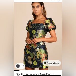 Lulu's Navy Floral Puff Sleeve Dress